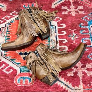 Fringe Leather Ankle Booties - Tan